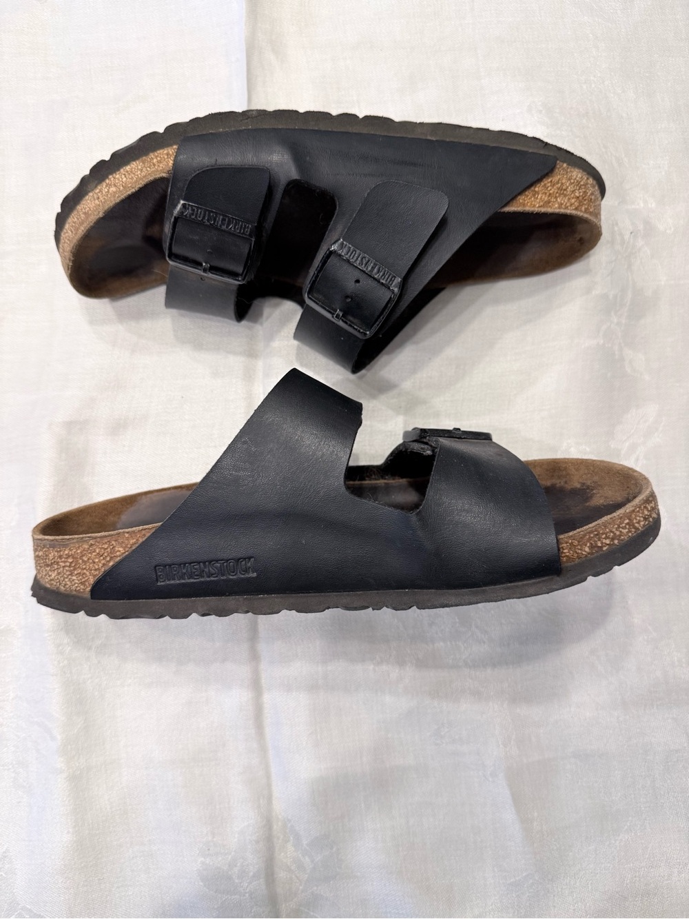 Birkenstock Arizona Black Leather Sandals Cork Two-Strap Slides Flats EU38 L